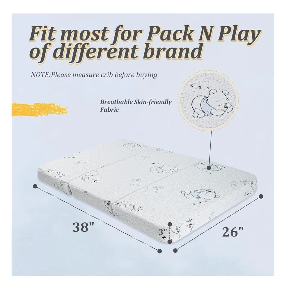 ESJAYING 3 In Tri-Fold Pack N Play Mattress Memory Foam Portable White Bear New